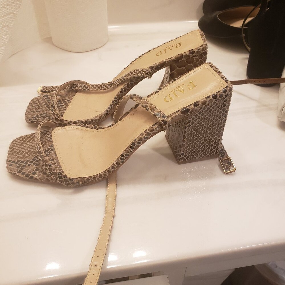 RAID Wide Fit Garry mid heel sandals in neutral snake print